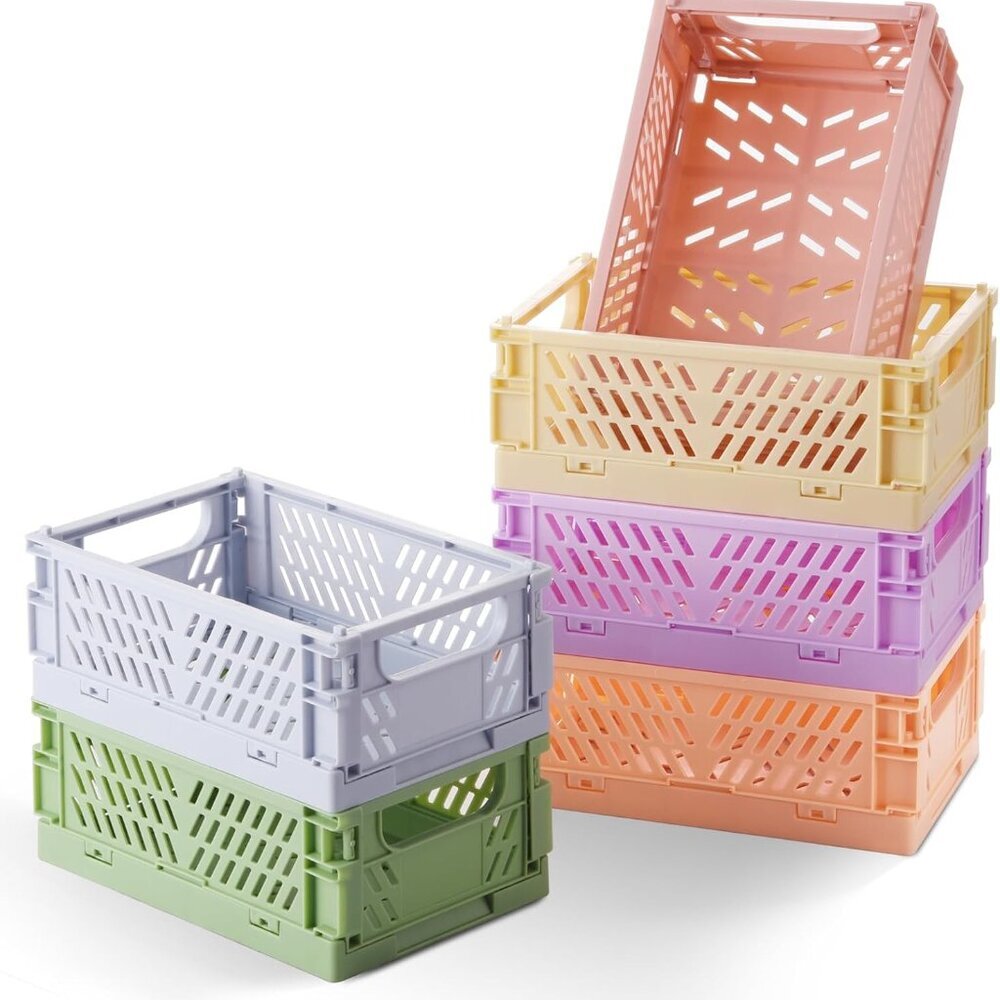 6-Pack Small Pastel Plastic Storage Baskets, Collapsible Crates for Organizing,